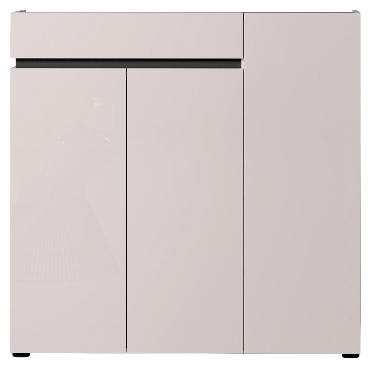 Minimalistische, lichtgrijze kast/dressoir met gladde fronten en een smalle spouw, vooraanzicht