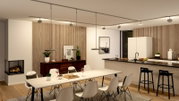 Moderne keuken met eettafel en Hildor-pendellamp met rail, zijaanzicht