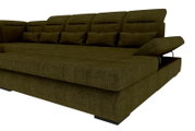 Olivegrünes Stoff-Polsterbett/Schlafsofa mit gepolstertem Kopfteil und Zierkissen, seitlich klappbarer Armlehne und niedrigen Füßen, gezeigt in schräger Vorderansicht von rechts