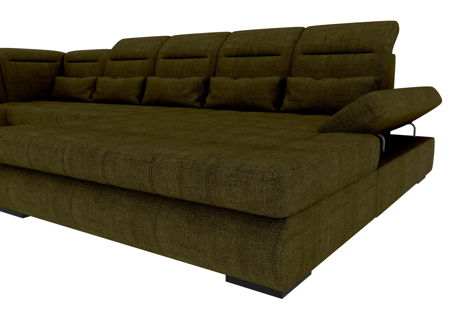 Olivegrünes Stoff-Polsterbett/Schlafsofa mit gepolstertem Kopfteil und Zierkissen, seitlich klappbarer Armlehne und niedrigen Füßen, gezeigt in schräger Vorderansicht von rechts