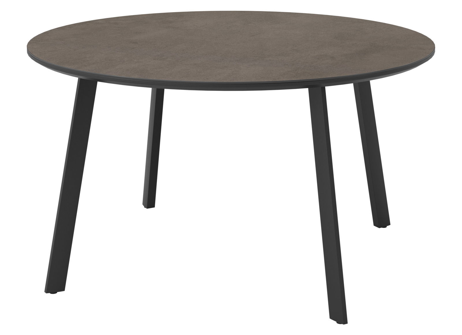 Runder Gartentisch mit dunkler Tischplatte und schwarzen Beinen, seitliche Perspektive