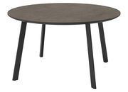 Runder Gartentisch mit dunkler Tischplatte und schwarzen Beinen, seitliche Perspektive