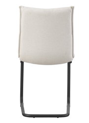 Rückansicht eines gepolsterten Stuhls mit hellbeigem Stoffbezug und schwarzem Metall-Schlittenfuß vor weißem Hintergrund