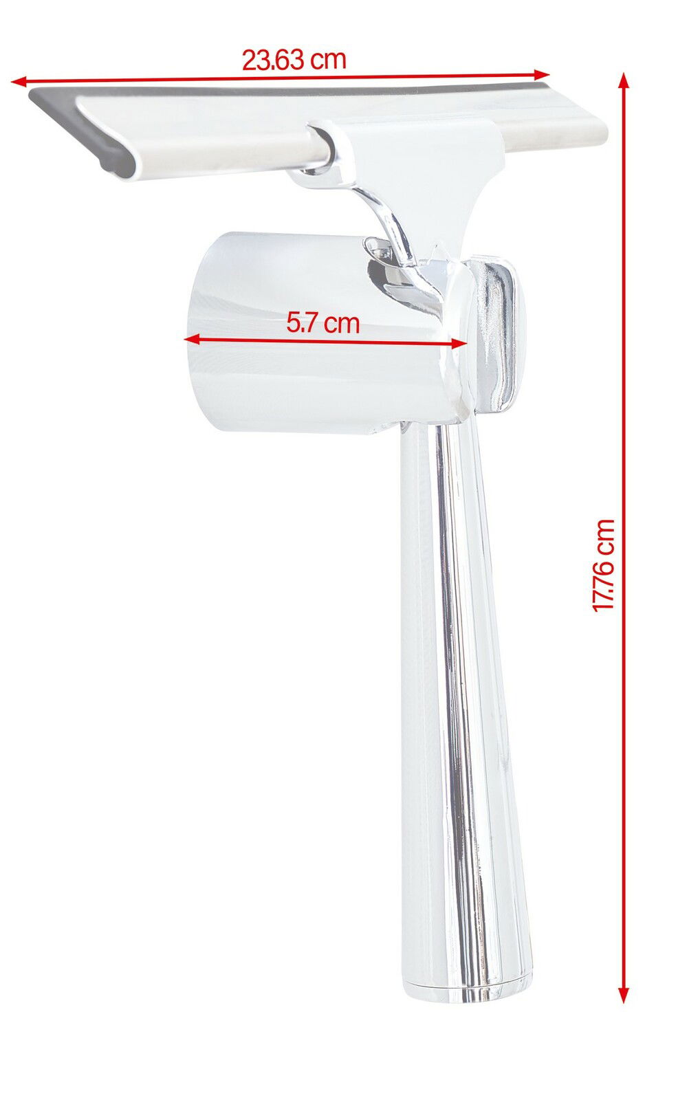 Duschwischer aus seitlicher Perspektive mit Maßen: 23,63 cm Breite, 5,7 cm Tiefe, 17,76 cm Höhe.