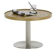 Runder Couchtisch mit Holzplatte und Metallfuß, seitliche Perspektive