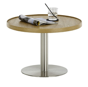 Runder Couchtisch mit Holzplatte und Metallfuß, seitliche Perspektive