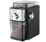 Kaffeemühle Kingston Steel in seitlicher Perspektive mit Edelstahlfront, gefülltem Bohnenbehälter und Mahlgrad-Einstellung.