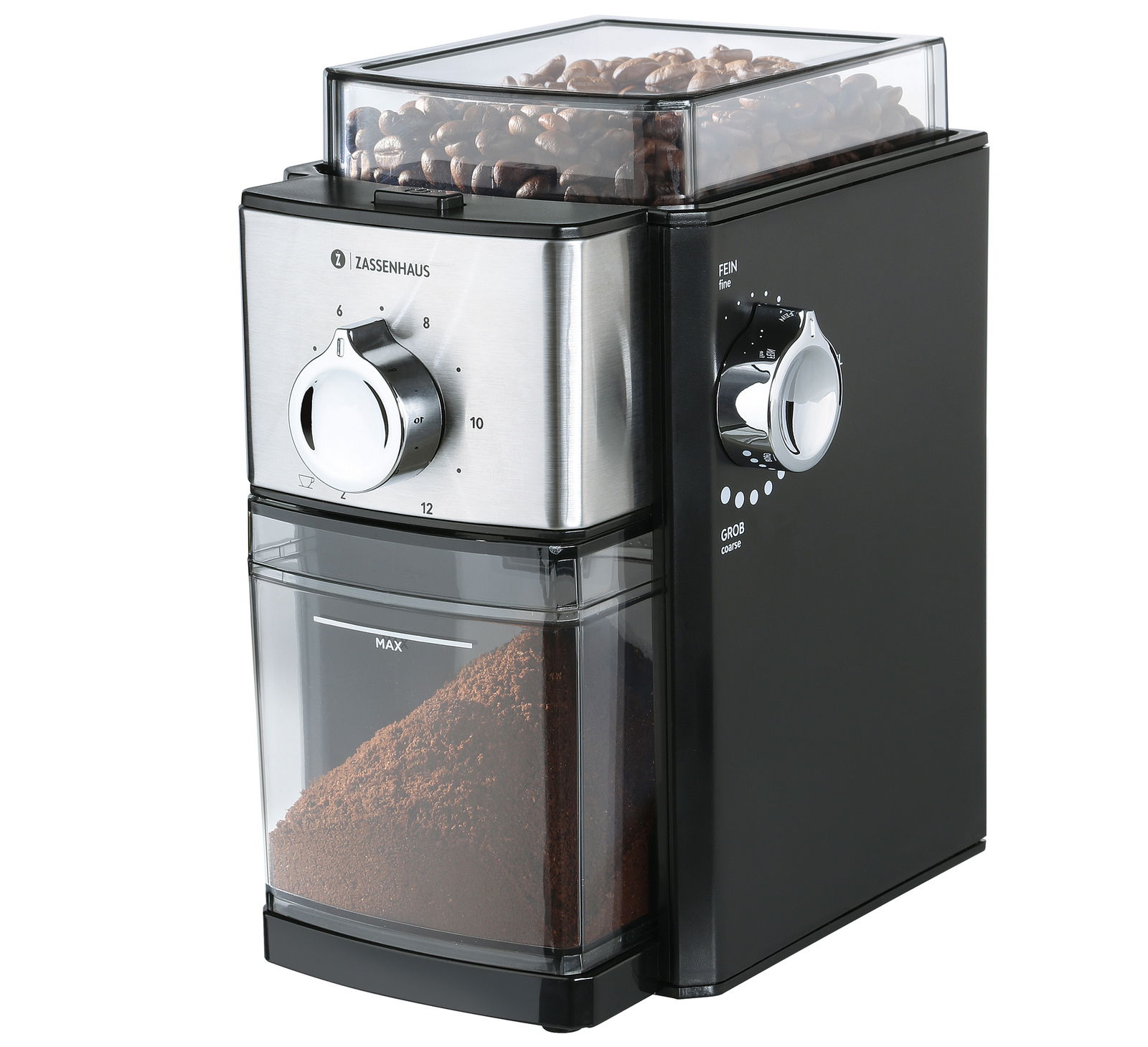 Zassenhaus Elektrische Kaffeemühle KINGSTON STEEL Kaffeemühle Kingston Steel in seitlicher Perspektive mit Edelstahlfront, gefülltem Bohnenbehälter und Mahlgrad-Einstellung.