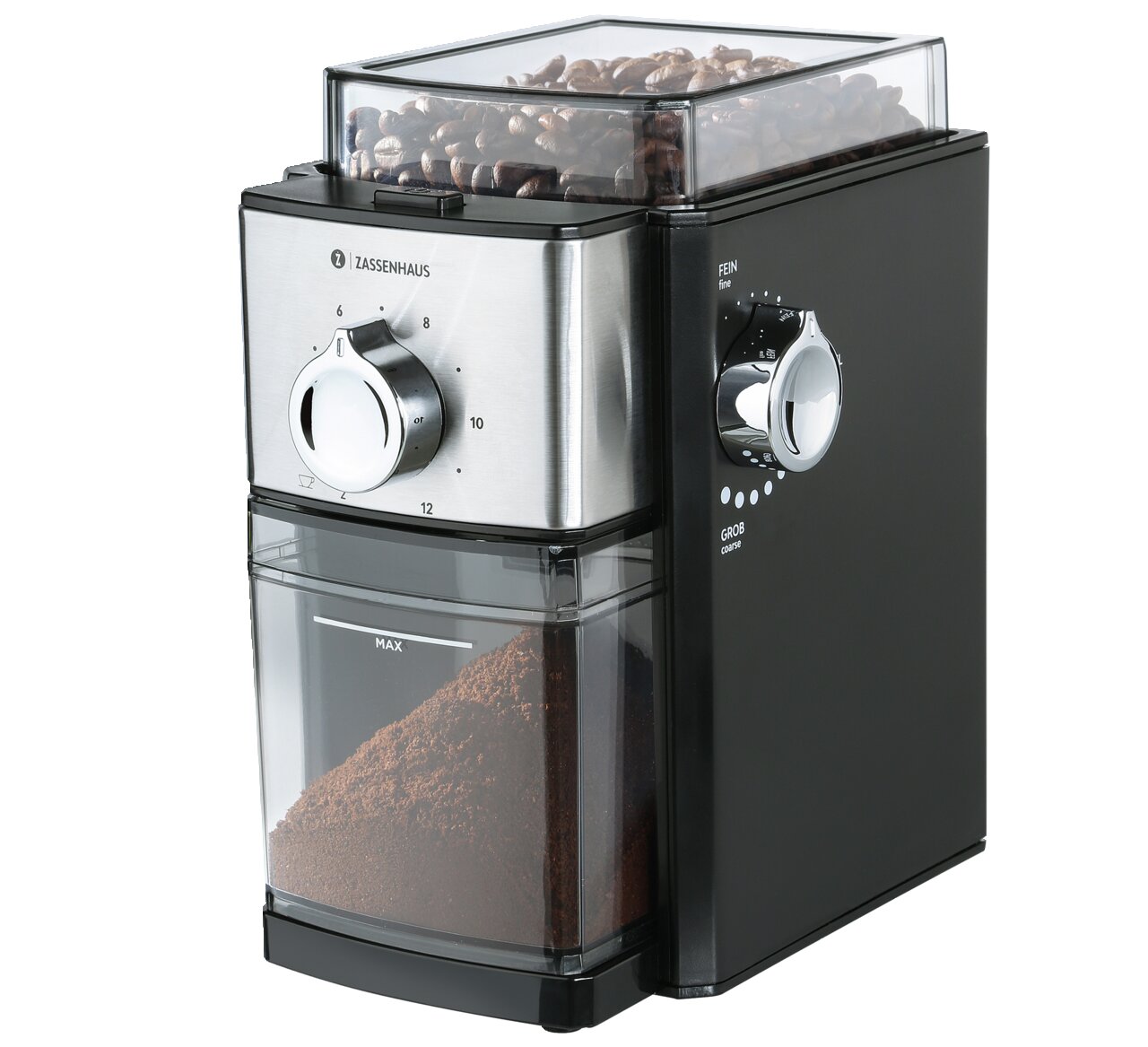 Zassenhaus Elektrische Kaffeemühle KINGSTON STEEL Kaffeemühle Kingston Steel in seitlicher Perspektive mit Edelstahlfront, gefülltem Bohnenbehälter und Mahlgrad-Einstellung.