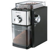 Kaffeemühle Kingston Steel in seitlicher Perspektive mit Edelstahlfront, gefülltem Bohnenbehälter und Mahlgrad-Einstellung.