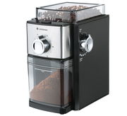 Kaffeemühle Kingston Steel in seitlicher Perspektive mit Edelstahlfront, gefülltem Bohnenbehälter und Mahlgrad-Einstellung.