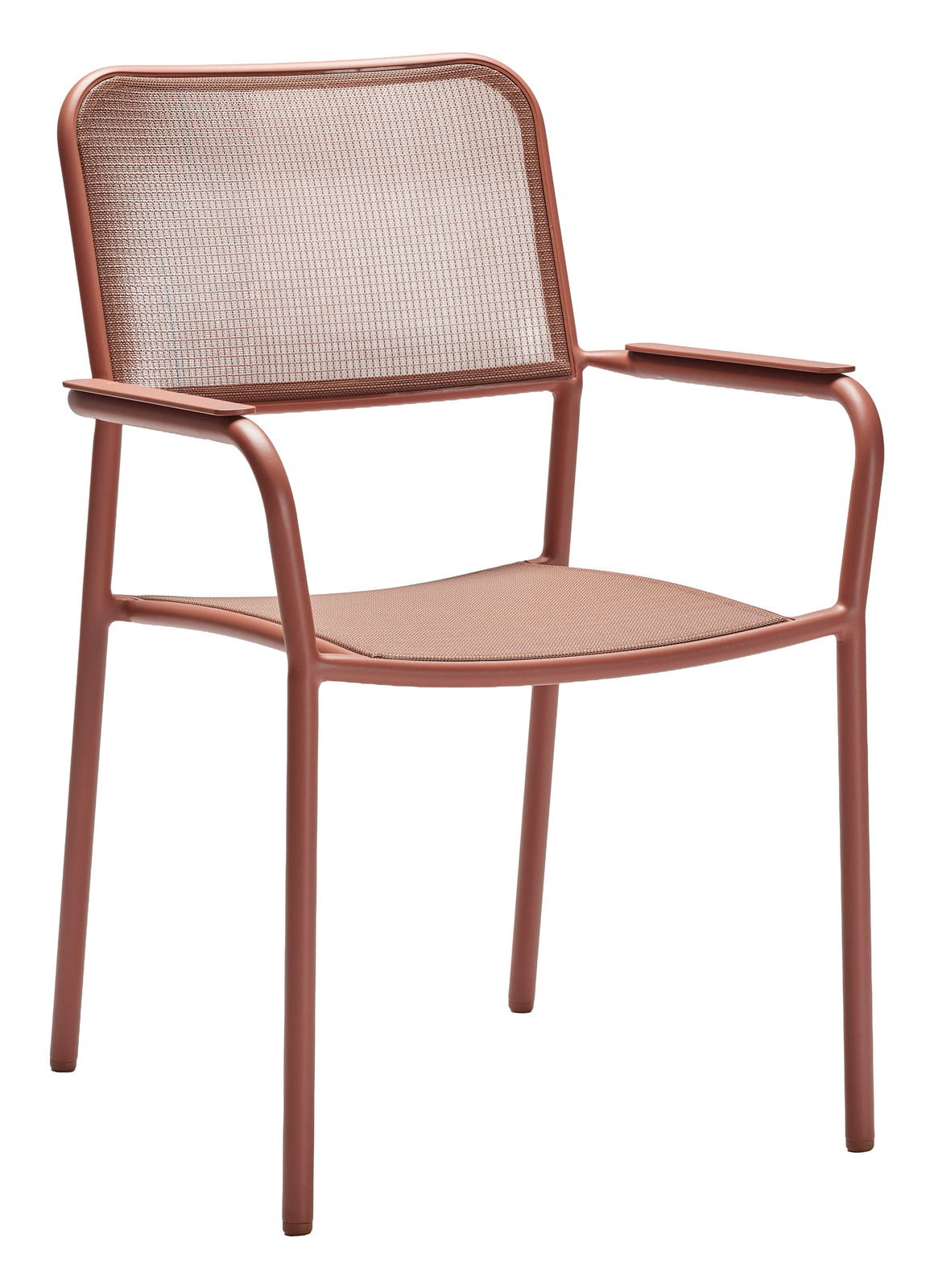 Moderner Stapelsessel aus Metall mit Netzrückenlehne, seitliche Perspektive
