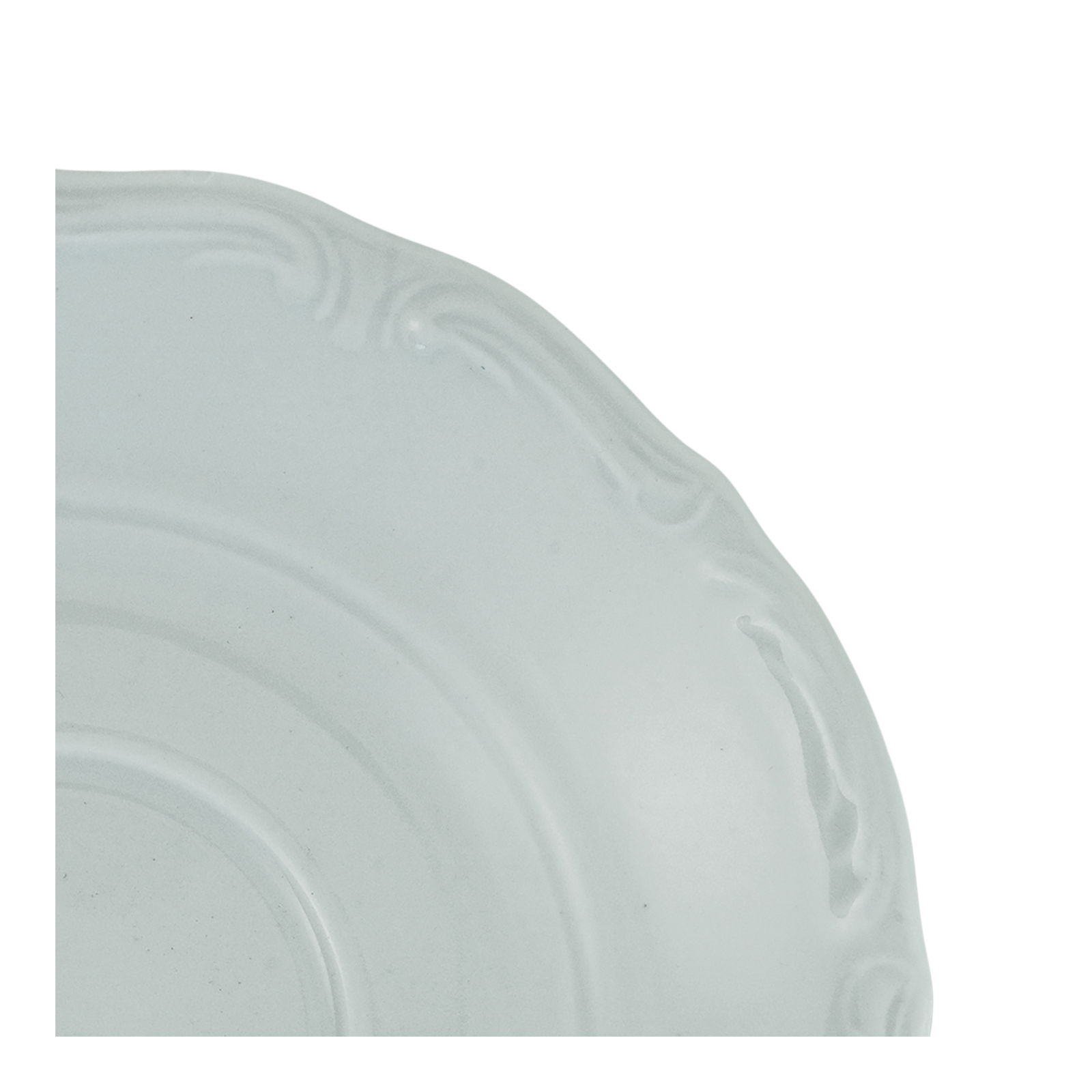 Detailansicht eines weißen Tellers mit dekorativem Randmuster, Teil des Kombiservice Maria Theresia 30.