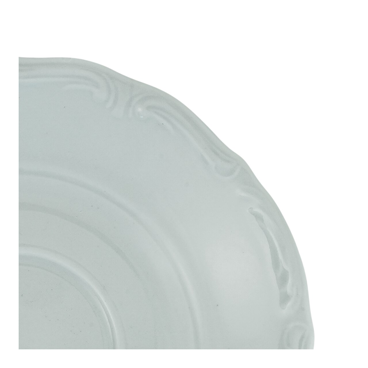 Detailansicht eines weißen Tellers mit dekorativem Randmuster, Teil des Kombiservice Maria Theresia 30.