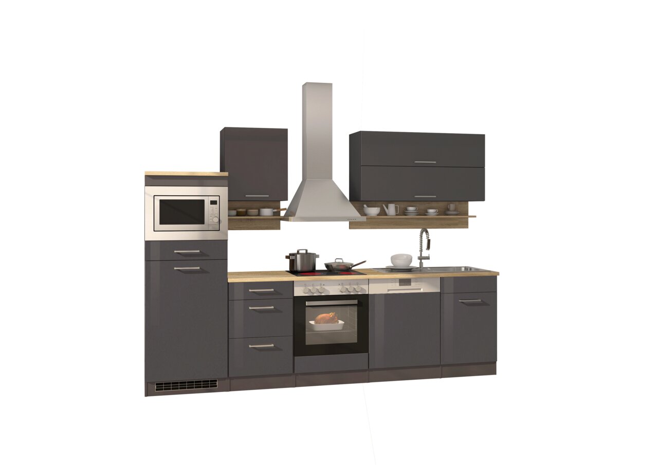 Moderne Küchenzeile in dunklem Grau mit eingebautem Backofen, Mikrowelle und Spülmaschine, aus der Frontansicht.