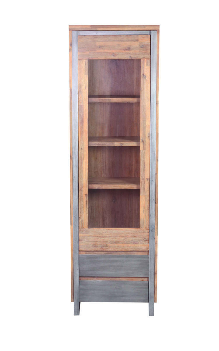 Vitrine aus Holz und Metall mit Glasfront, frontal fotografiert, Serie BALI