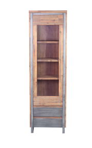 Vitrine aus Holz und Metall mit Glasfront, frontal fotografiert, Serie BALI