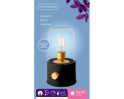 LED-Laterne mit Glasabdeckung und goldenem Sockel, wiederaufladbar, mit USB-C-Anschluss, frontal abgebildet.