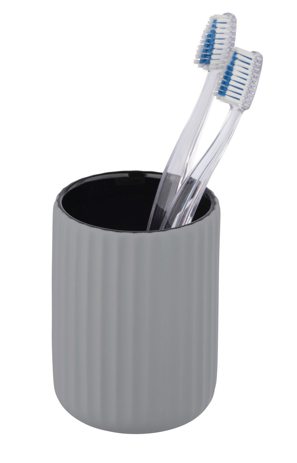 Wenko Zahnputzbecher BELLUNO Grauer Keramik Zahnputzbecher Belluno mit zwei transparenten Zahnbürsten, seitliche Perspektive