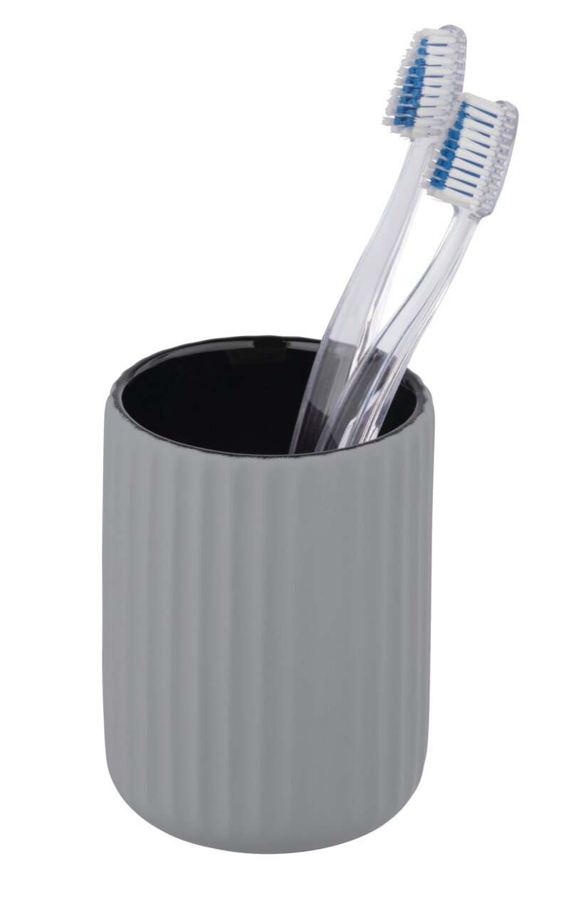 Wenko Zahnputzbecher BELLUNO Grauer Keramik Zahnputzbecher Belluno mit zwei transparenten Zahnbürsten, seitliche Perspektive
