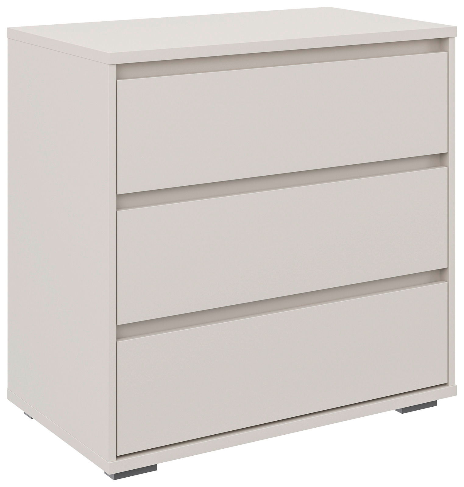Weiße Kommode mit drei Schubladen, seitliche Perspektive