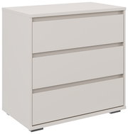 Weiße Kommode mit drei Schubladen, seitliche Perspektive