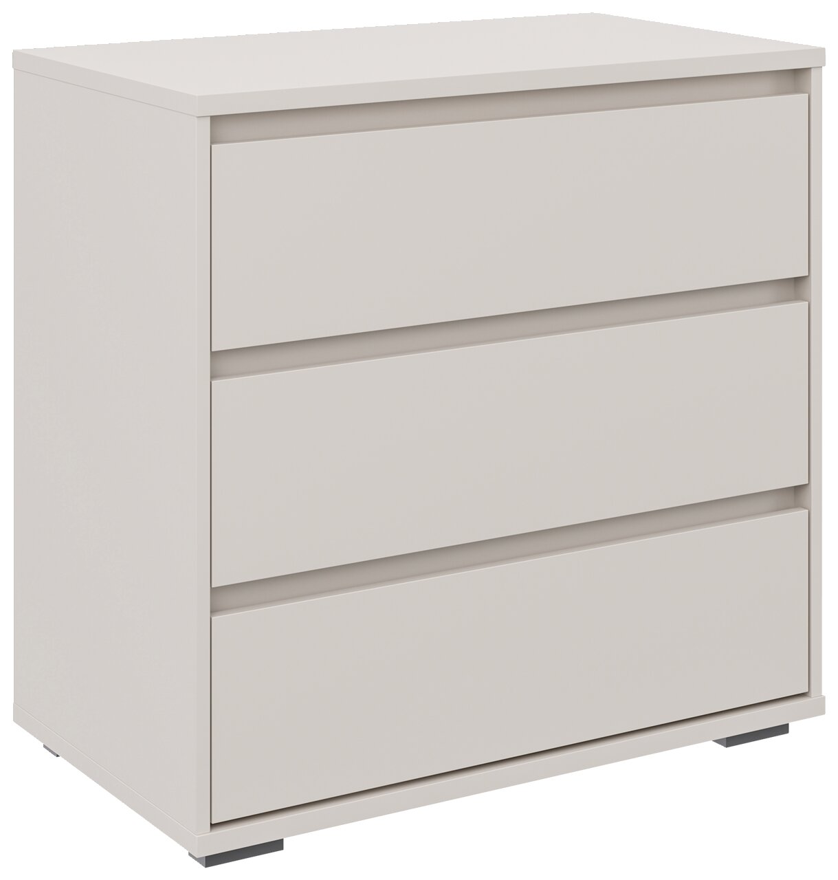 Weiße Kommode mit drei Schubladen, seitliche Perspektive