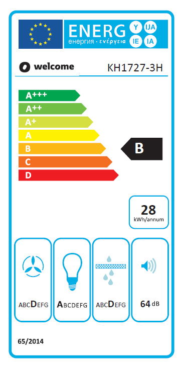 Energieeffizienzlabel für ein Küchengerät, Klasse B, mit einem Energieverbrauch von 28 kWh pro Jahr, aus der Vorderansicht.