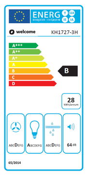 Energieeffizienzlabel für ein Küchengerät, Klasse B, mit einem Energieverbrauch von 28 kWh pro Jahr, aus der Vorderansicht.