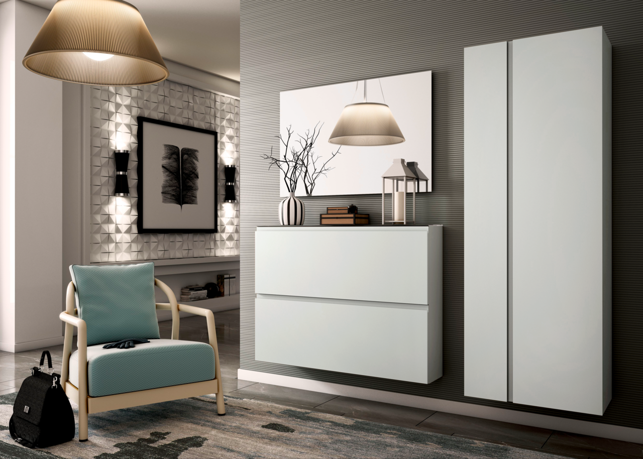 Moderano Garderoben-Set LECCO Modernes Garderobenset in einem stilvollen Raum mit einem hängenden Schrank und einem hohen Schrank, seitliche Perspektive.