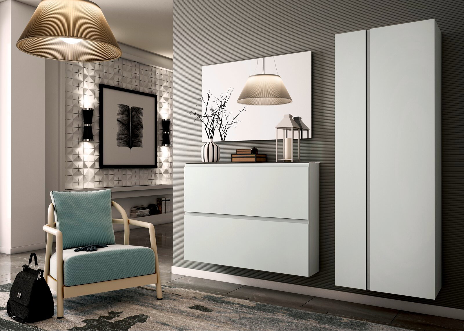 Moderano Garderoben-Set LECCO Modernes Garderobenset in einem stilvollen Raum mit einem hängenden Schrank und einem hohen Schrank, seitliche Perspektive.