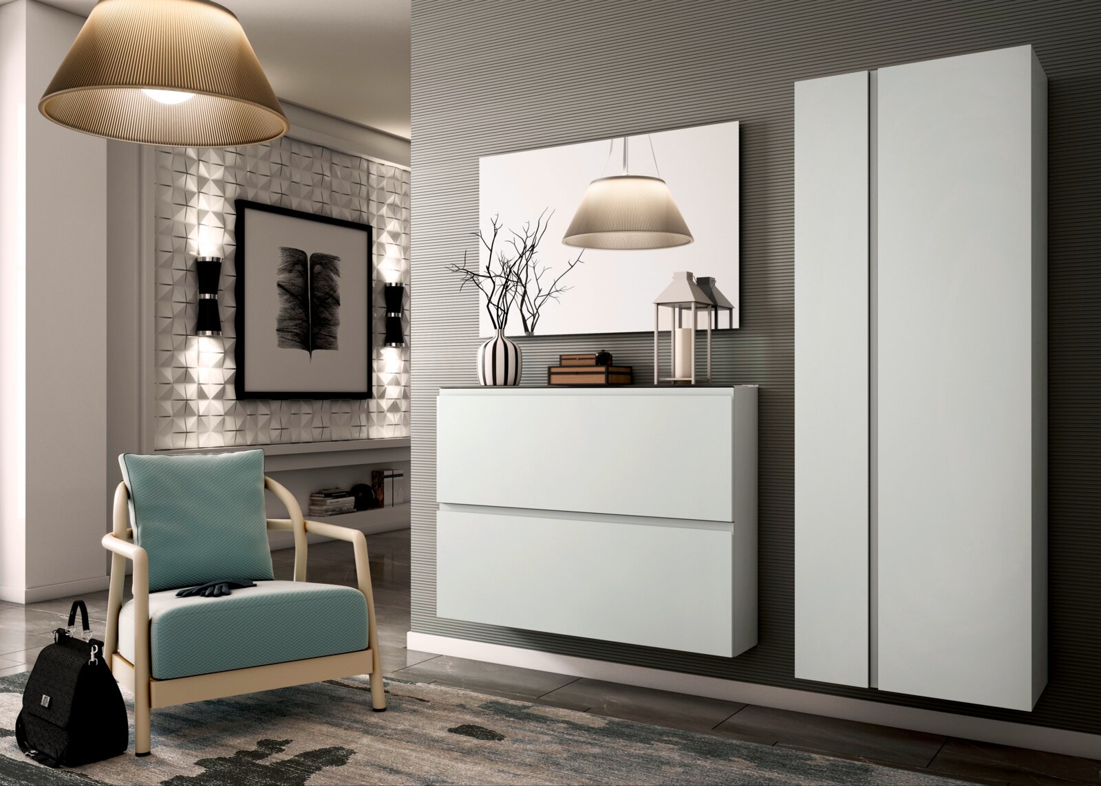 Moderano Garderoben-Set LECCO Modernes Garderobenset in einem stilvollen Raum mit einem hängenden Schrank und einem hohen Schrank, seitliche Perspektive.