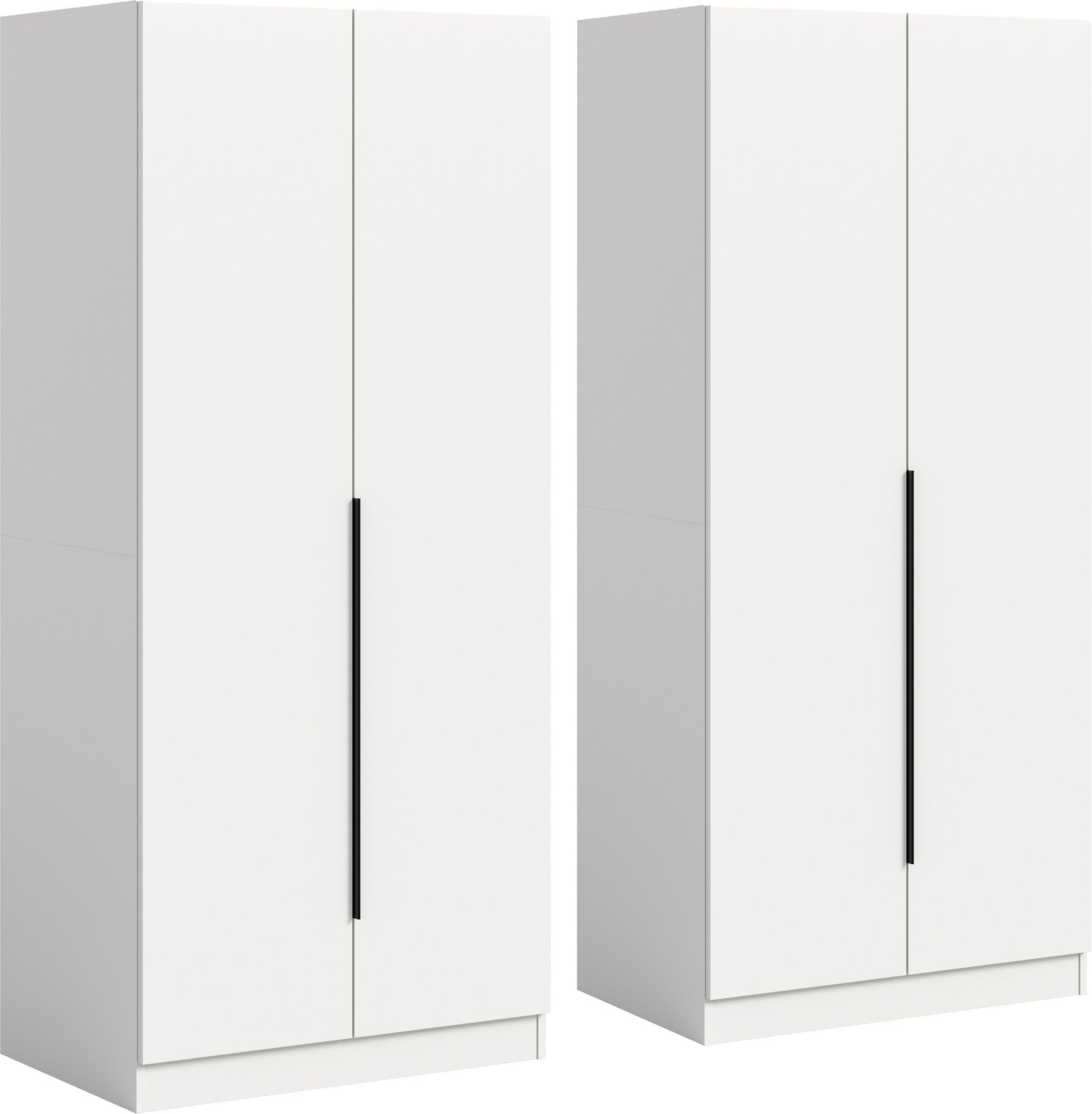 Weißer, minimalistischer Kleiderschrank mit zwei Türen und langen schwarzen Griffleisten, freistehend, in schräger Frontansicht (3/4-Perspektive) vor hellem Hintergrund.
