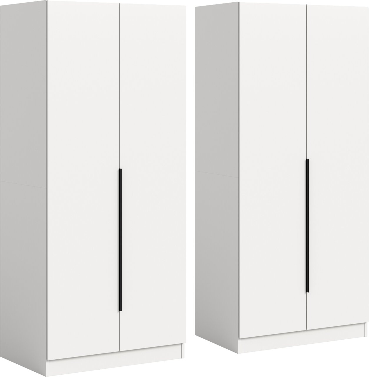 MID.YOU Kleiderschrankkombination KOPENHAGEN Weißer, minimalistischer Kleiderschrank mit zwei Türen und langen schwarzen Griffleisten, freistehend, in schräger Frontansicht (3/4-Perspektive) vor hellem Hintergrund.