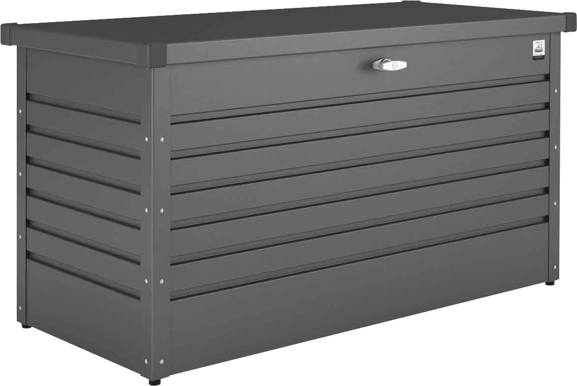 Graue Freizeitbox High aus Metall mit horizontalen Lamellen, seitliche Perspektive