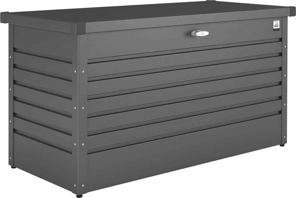 Graue Freizeitbox High aus Metall mit horizontalen Lamellen, seitliche Perspektive