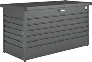 Graue Freizeitbox High aus Metall mit horizontalen Lamellen, seitliche Perspektive