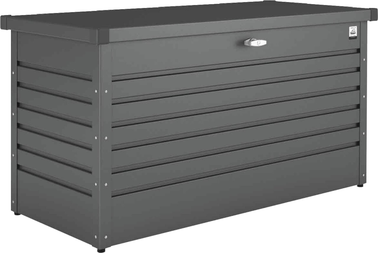 Graue Freizeitbox High aus Metall mit horizontalen Lamellen, seitliche Perspektive
