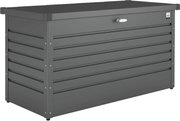 Graue Freizeitbox High aus Metall mit horizontalen Lamellen, seitliche Perspektive
