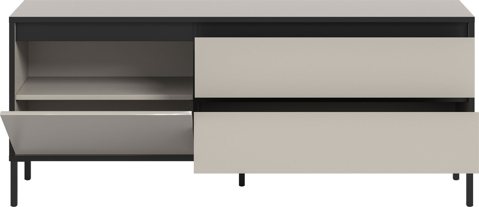 Frontansicht eines modernen Lowboards mit offenen Schubladen und Fächern in neutralen Farben.