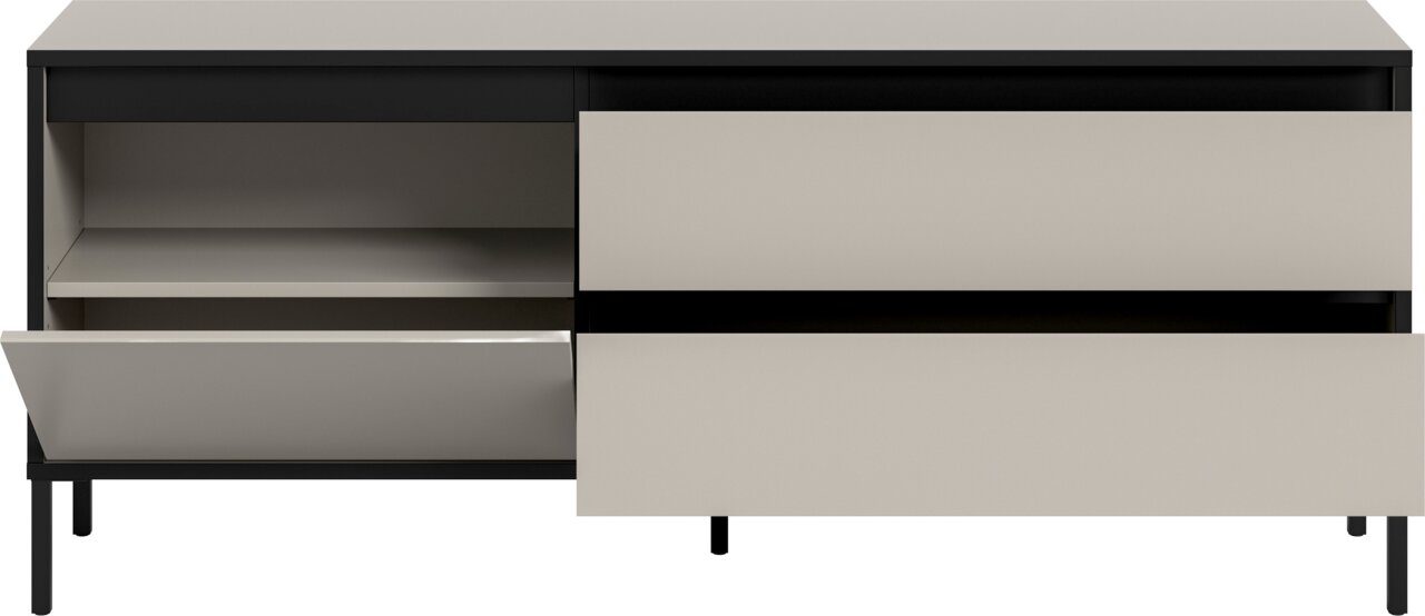 Frontansicht eines modernen Lowboards mit offenen Schubladen und Fächern in neutralen Farben.