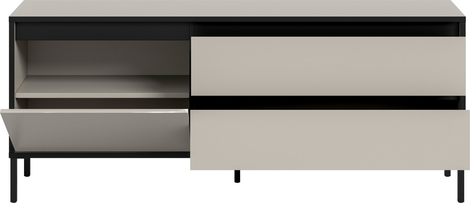 Frontansicht eines modernen Lowboards mit offenen Schubladen und Fächern in neutralen Farben.