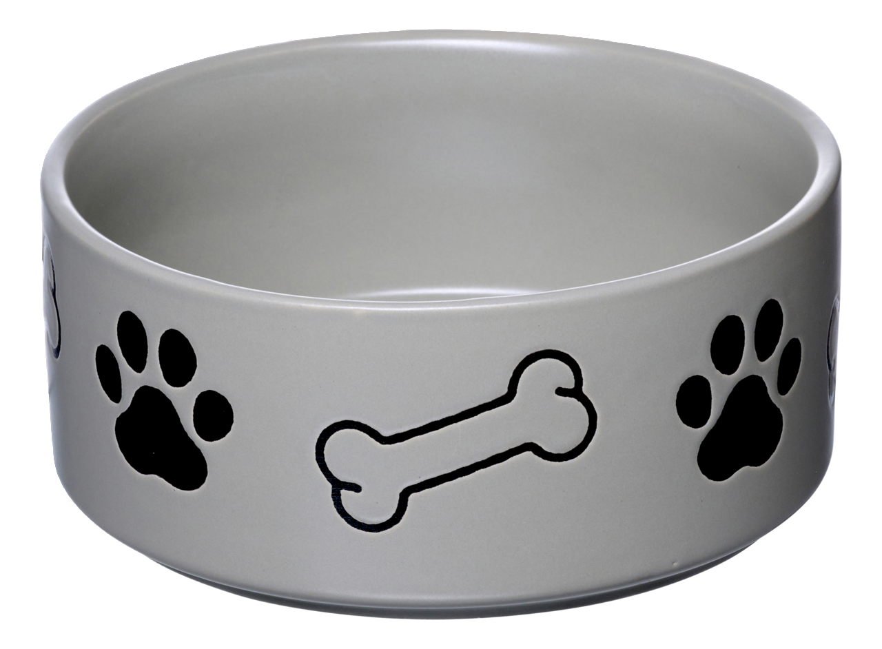 Ritzenhoff & Breker Napf 1,4L Dog MIKA Grauer Hundenapf mit schwarzen Pfotenabdrücken und Knochenmotiven, seitliche Perspektive