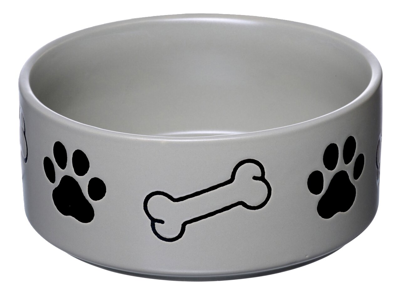 Ritzenhoff & Breker Napf 1,4L Dog MIKA Grauer Hundenapf mit schwarzen Pfotenabdrücken und Knochenmotiven, seitliche Perspektive