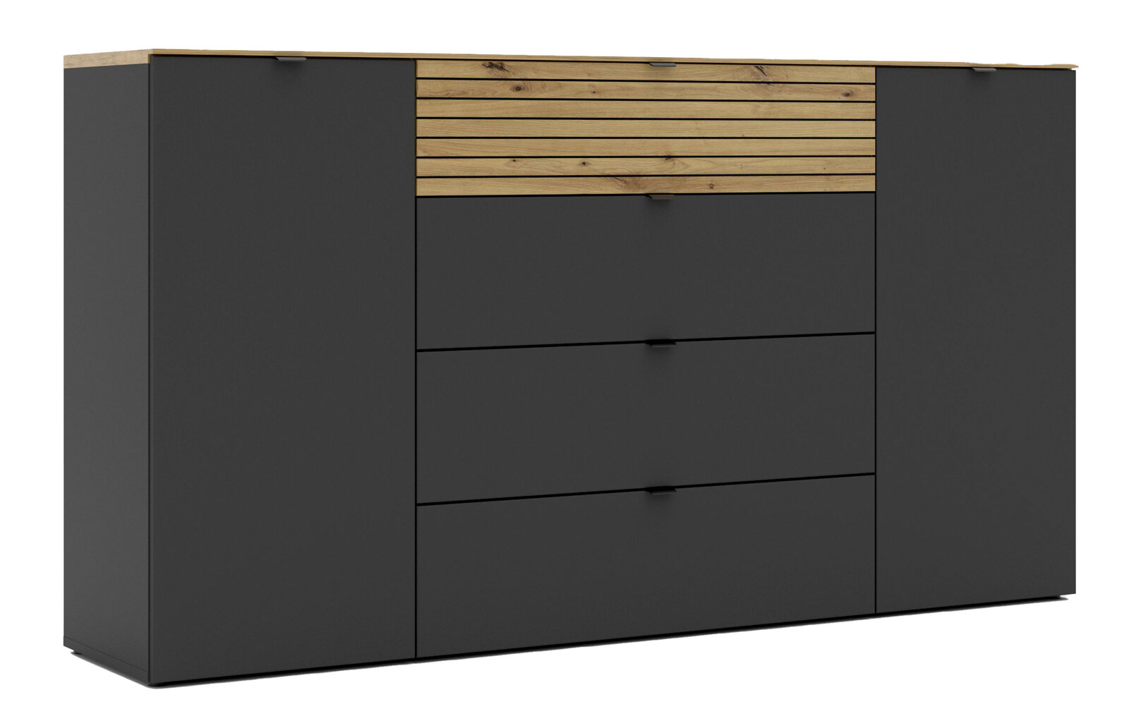 Modernes Sideboard in dunklem Grau mit Holzdetails, Frontalansicht