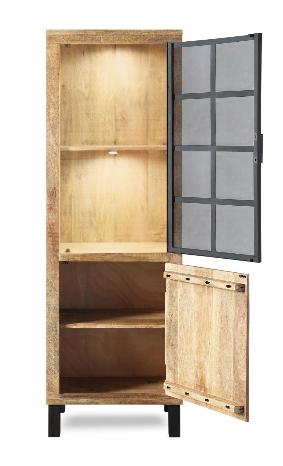 Geöffnete Vitrine aus Holz mit zwei Türen, eine mit Glas und Metallrahmen, aus frontaler Perspektive.