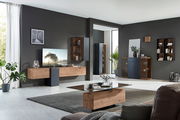 Moderne Wohnzimmer-Wandkombination in Holzoptik mit dunklen Akzenten, seitliche Perspektive