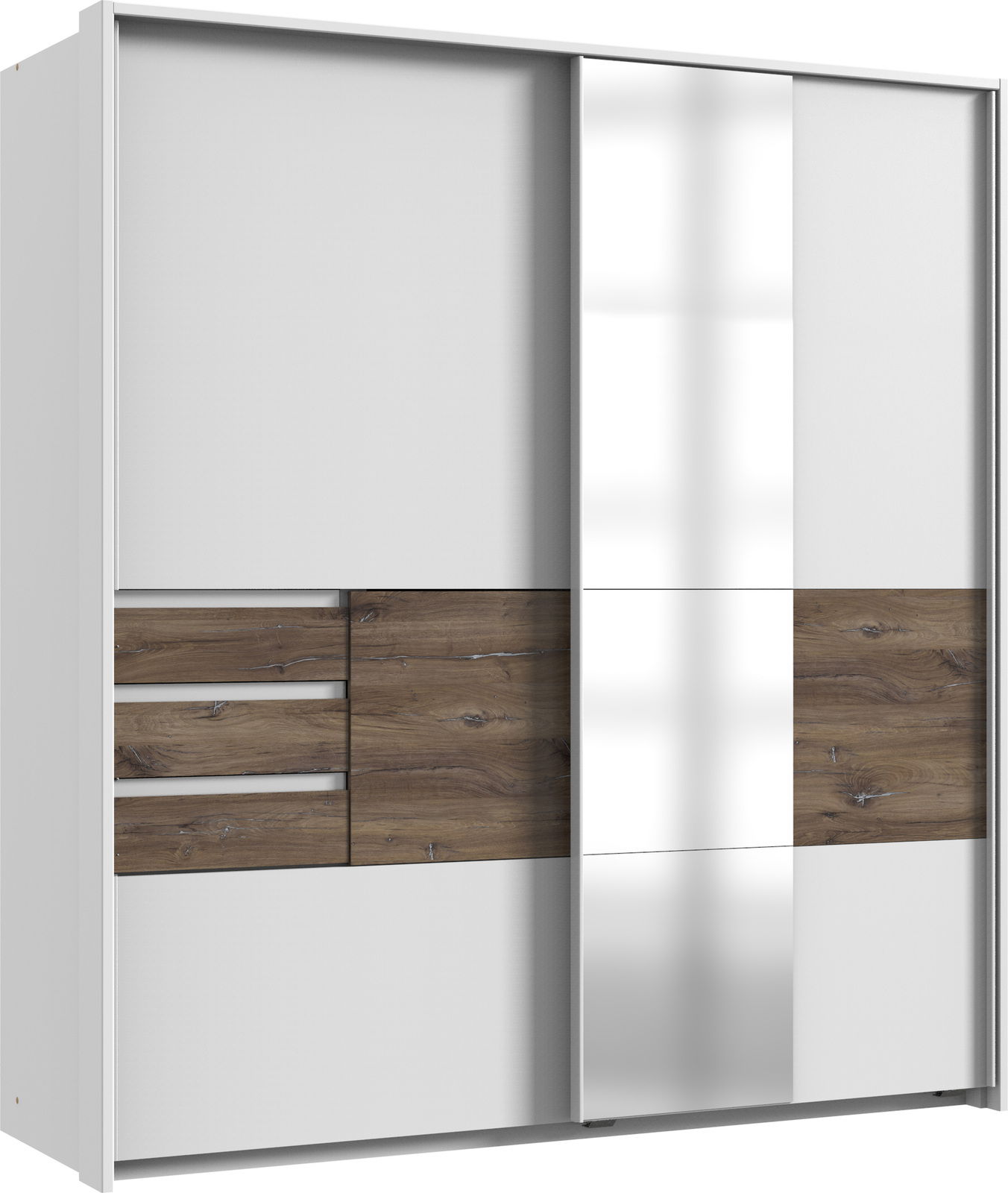 Schwebetürenschrank mit zwei Türen, einer davon mit Spiegel, in Holz- und Weißoptik, seitliche Perspektive