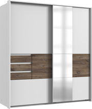 Schwebetürenschrank mit zwei Türen, einer davon mit Spiegel, in Holz- und Weißoptik, seitliche Perspektive