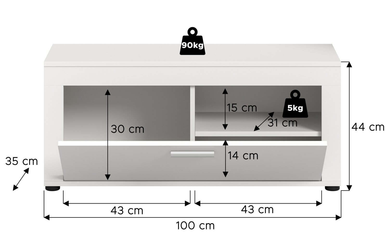 Weißes TV-Lowboard mit Klappe und offenen Fächern, Maße 100 x 44 x 35 cm, Traglast oben 90 kg und Fachboden 5 kg, Frontansicht.
